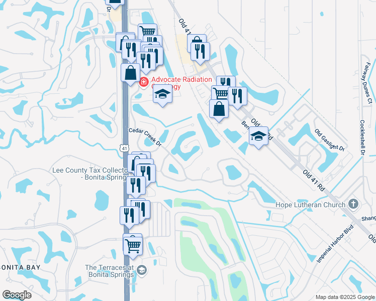 map of restaurants, bars, coffee shops, grocery stores, and more near 25520 Inlet Way Court in Bonita Springs