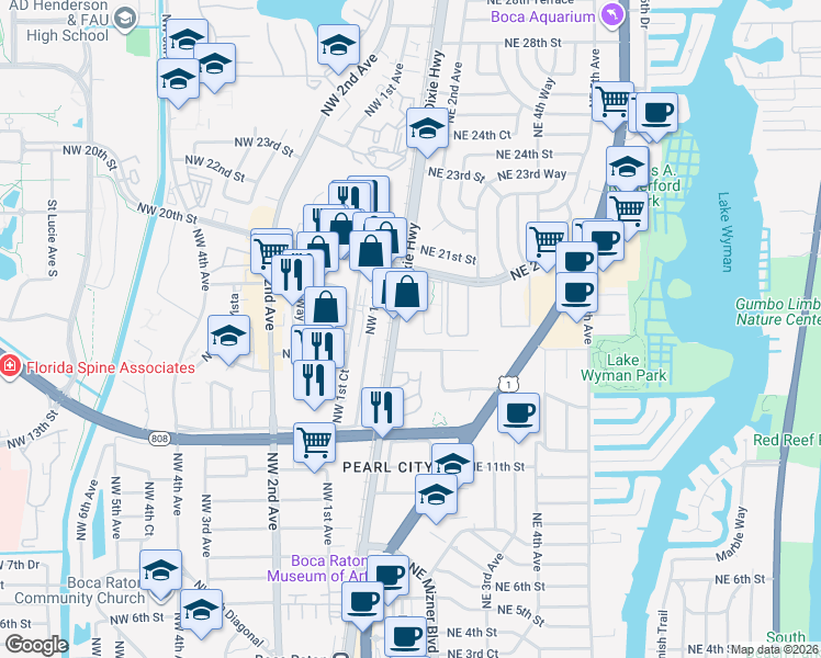 map of restaurants, bars, coffee shops, grocery stores, and more near 1700 North Dixie Highway in Boca Raton