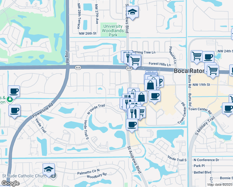 map of restaurants, bars, coffee shops, grocery stores, and more near 20974 Estada Ln in Boca Raton