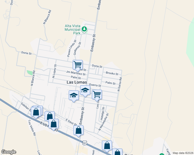 map of restaurants, bars, coffee shops, grocery stores, and more near 5269 East Palm Street in Rio Grande City