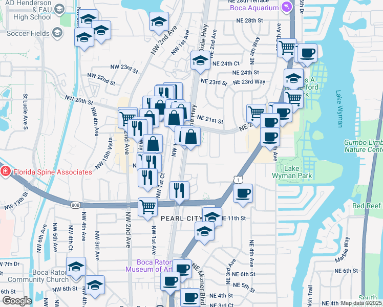 map of restaurants, bars, coffee shops, grocery stores, and more near 1700 North Dixie Highway in Boca Raton