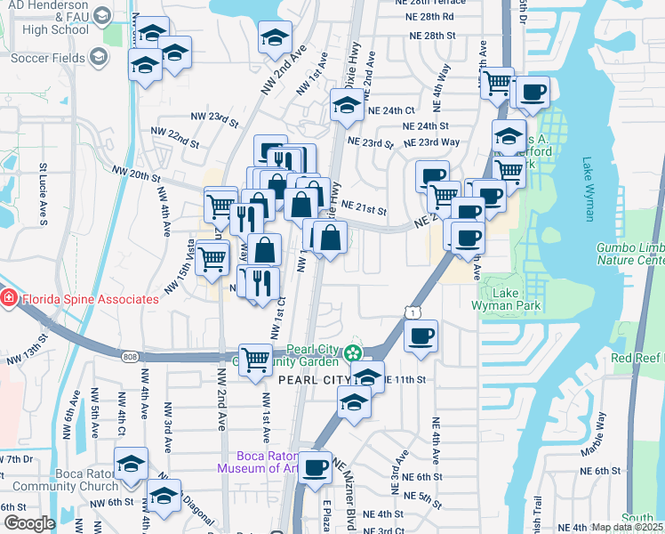 map of restaurants, bars, coffee shops, grocery stores, and more near 1700 North Dixie Highway in Boca Raton