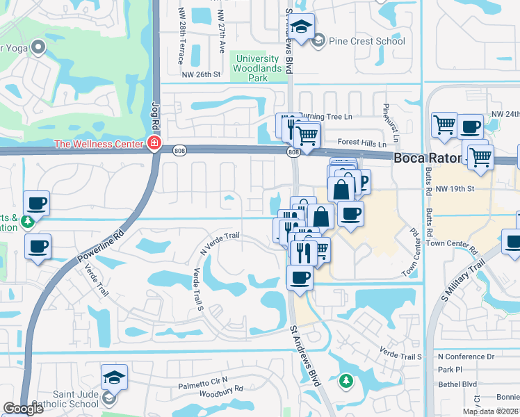 map of restaurants, bars, coffee shops, grocery stores, and more near 20974 Estada Lane in Boca Raton