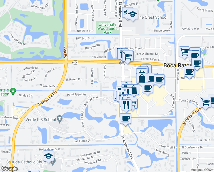 map of restaurants, bars, coffee shops, grocery stores, and more near 6125 Via Laguna Lane in Boca Raton