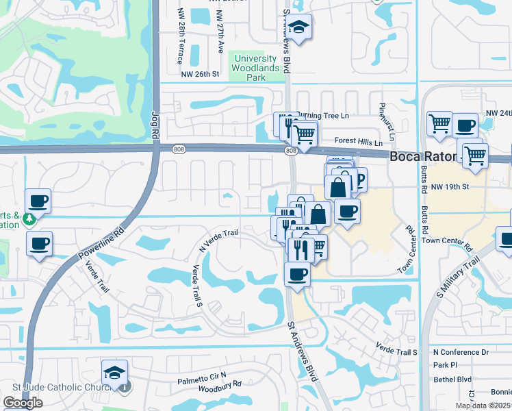 map of restaurants, bars, coffee shops, grocery stores, and more near 6115 Via Laguna Lane in Boca Raton