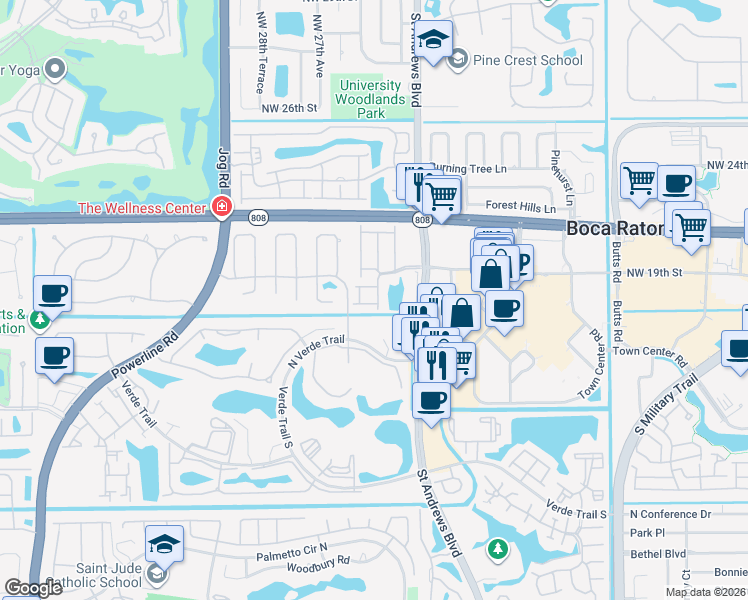 map of restaurants, bars, coffee shops, grocery stores, and more near 6105 Via Laguna Lane in Boca Raton