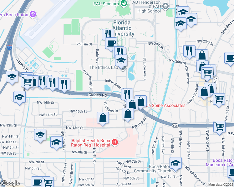 map of restaurants, bars, coffee shops, grocery stores, and more near 799 Glades Road in Boca Raton