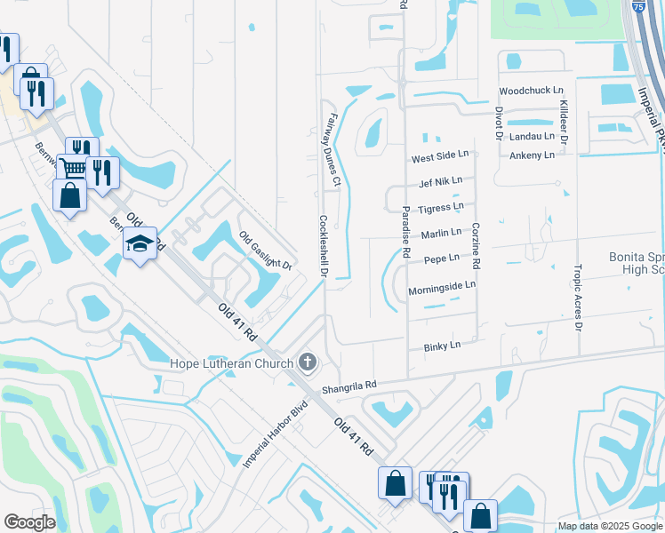 map of restaurants, bars, coffee shops, grocery stores, and more near 25500 Cockleshell Drive in Bonita Springs
