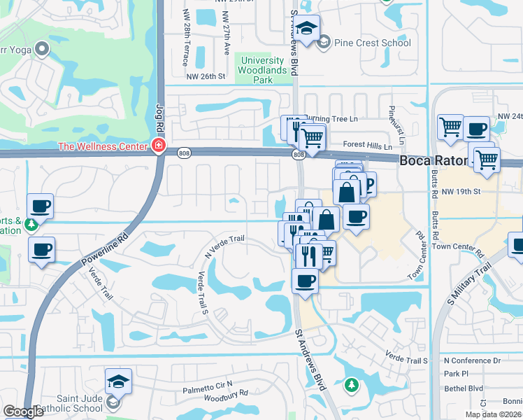 map of restaurants, bars, coffee shops, grocery stores, and more near 6125 Via Laguna Lane in Boca Raton