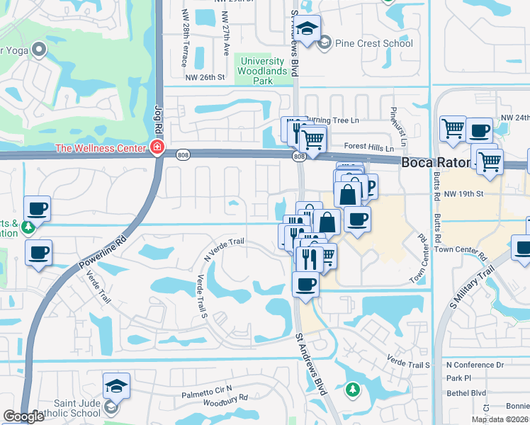 map of restaurants, bars, coffee shops, grocery stores, and more near 6105 Via Laguna Lane in Boca Raton