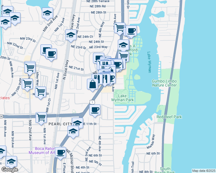 map of restaurants, bars, coffee shops, grocery stores, and more near 1600 North Federal Highway in Boca Raton