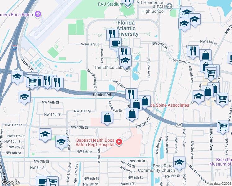 map of restaurants, bars, coffee shops, grocery stores, and more near 799 Glades Road in Boca Raton