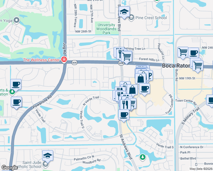map of restaurants, bars, coffee shops, grocery stores, and more near 20974 Estada Lane in Boca Raton