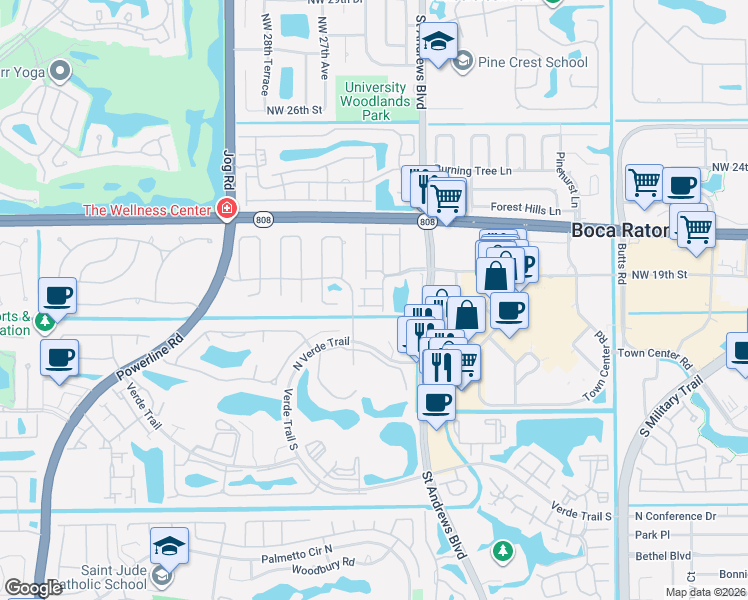 map of restaurants, bars, coffee shops, grocery stores, and more near 20974 Estada Lane in Boca Raton