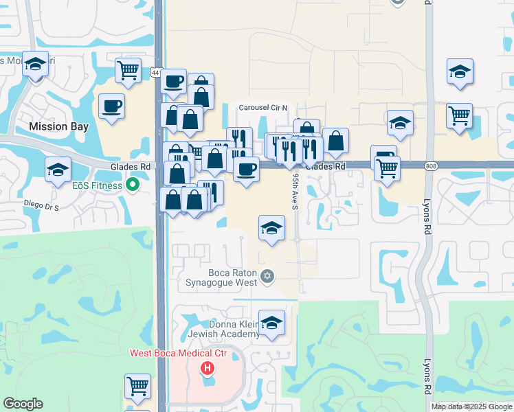 map of restaurants, bars, coffee shops, grocery stores, and more near 20940 uptown avenue in Boca Raton