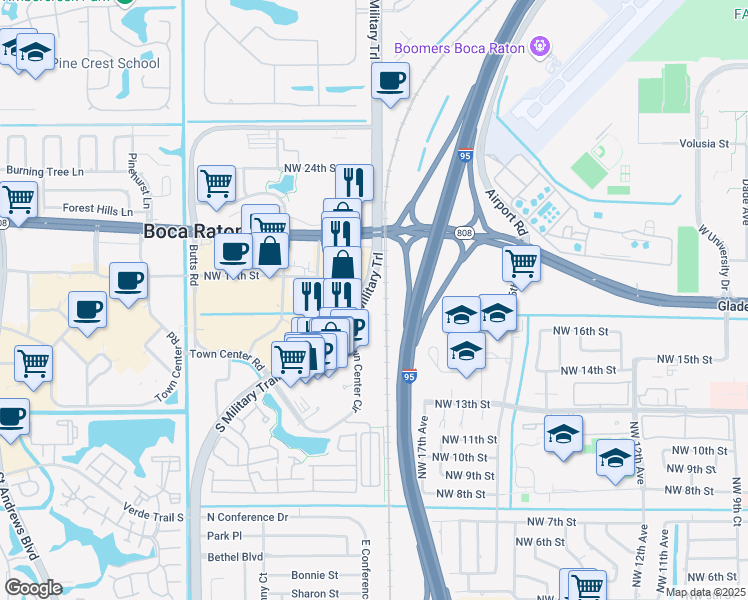 map of restaurants, bars, coffee shops, grocery stores, and more near 1900 North Military Trail in Boca Raton
