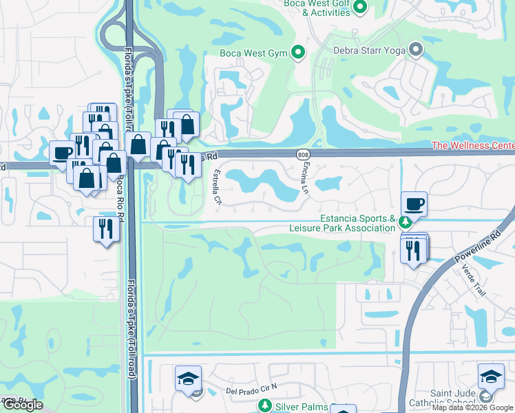 map of restaurants, bars, coffee shops, grocery stores, and more near 20952 Delagado Terrace in Boca Raton