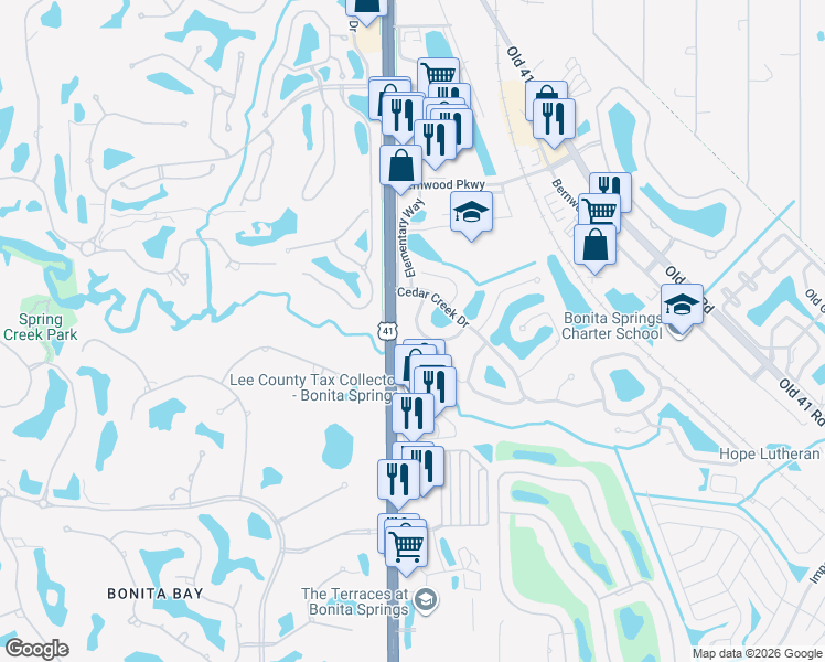 map of restaurants, bars, coffee shops, grocery stores, and more near 8850 Creek Run Drive in Bonita Springs
