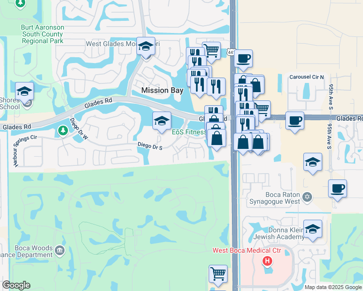 map of restaurants, bars, coffee shops, grocery stores, and more near 10266 Courtside Lane in Boca Raton