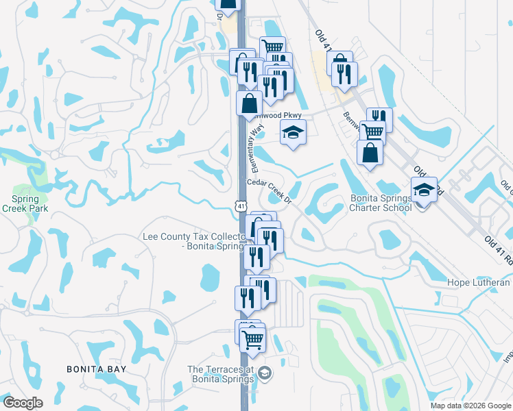 map of restaurants, bars, coffee shops, grocery stores, and more near 8850 Creek Run Drive in Bonita Springs