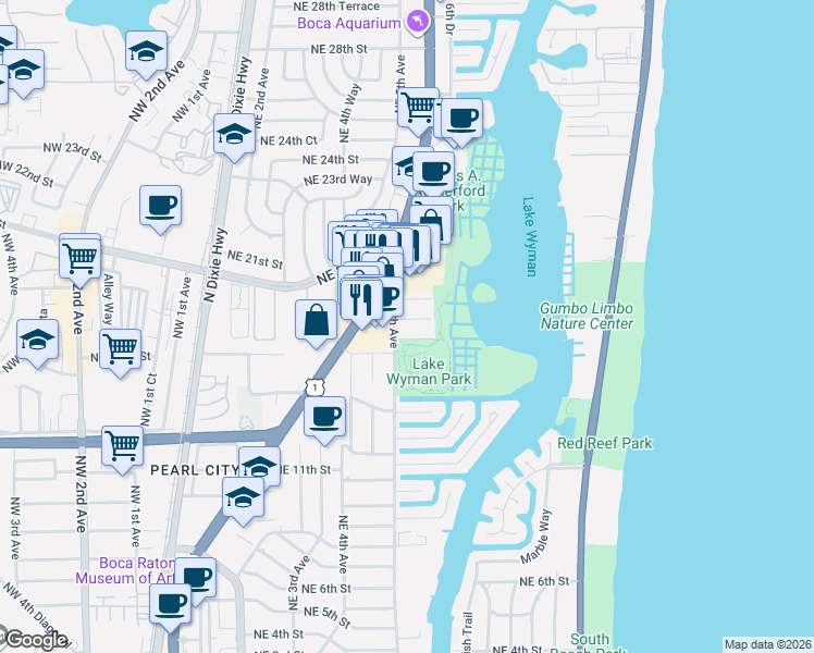 map of restaurants, bars, coffee shops, grocery stores, and more near 501 Northeast 16th Street in Boca Raton