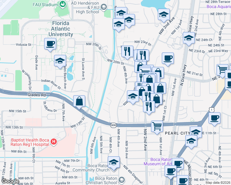 map of restaurants, bars, coffee shops, grocery stores, and more near 1675 Northwest 4th Avenue in Boca Raton