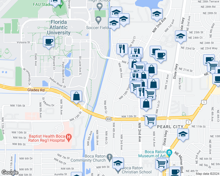 map of restaurants, bars, coffee shops, grocery stores, and more near 1675 Northwest 4th Avenue in Boca Raton