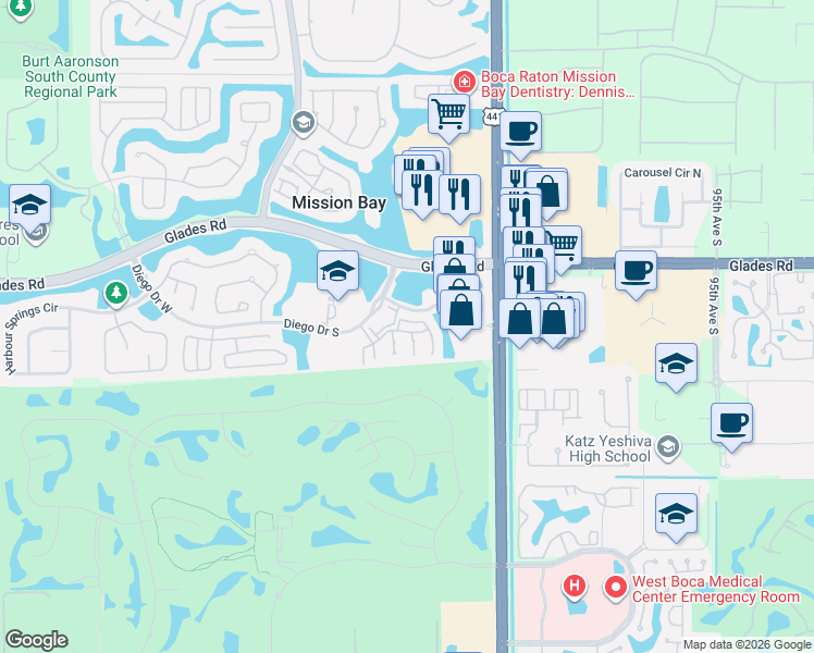 map of restaurants, bars, coffee shops, grocery stores, and more near 20931 Vía Oleander in Boca Raton