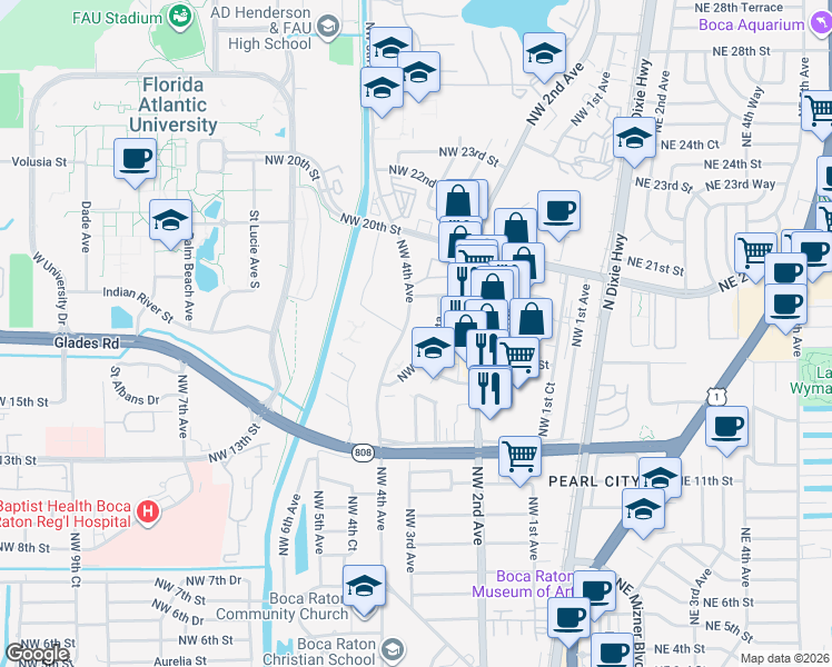 map of restaurants, bars, coffee shops, grocery stores, and more near 1800 Northwest 4th Avenue in Boca Raton