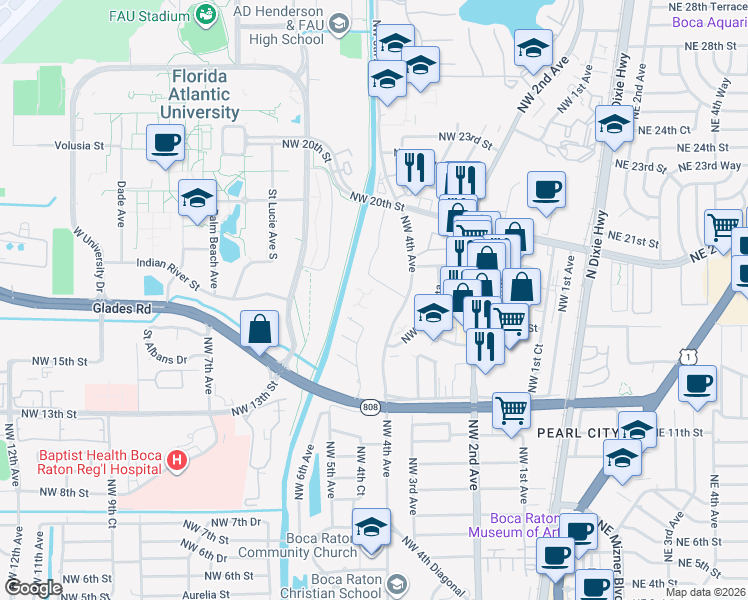 map of restaurants, bars, coffee shops, grocery stores, and more near 1675 Northwest 4th Avenue in Boca Raton