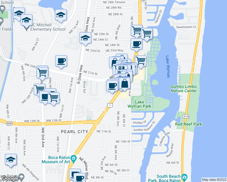 map of restaurants, bars, coffee shops, grocery stores, and more near 99 Boca Verde in Boca Raton