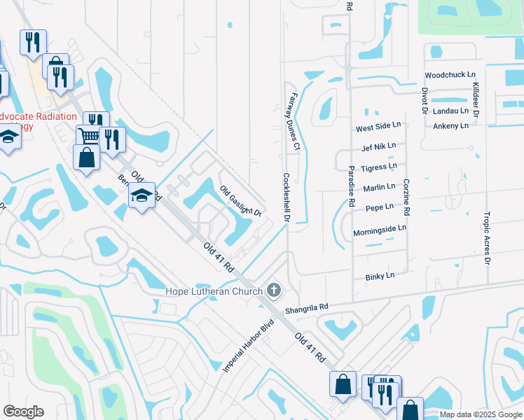 map of restaurants, bars, coffee shops, grocery stores, and more near 25651 Old Gaslight Drive in Bonita Springs