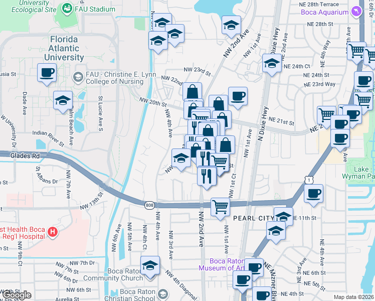 map of restaurants, bars, coffee shops, grocery stores, and more near 253 Northwest 15th Street in Boca Raton