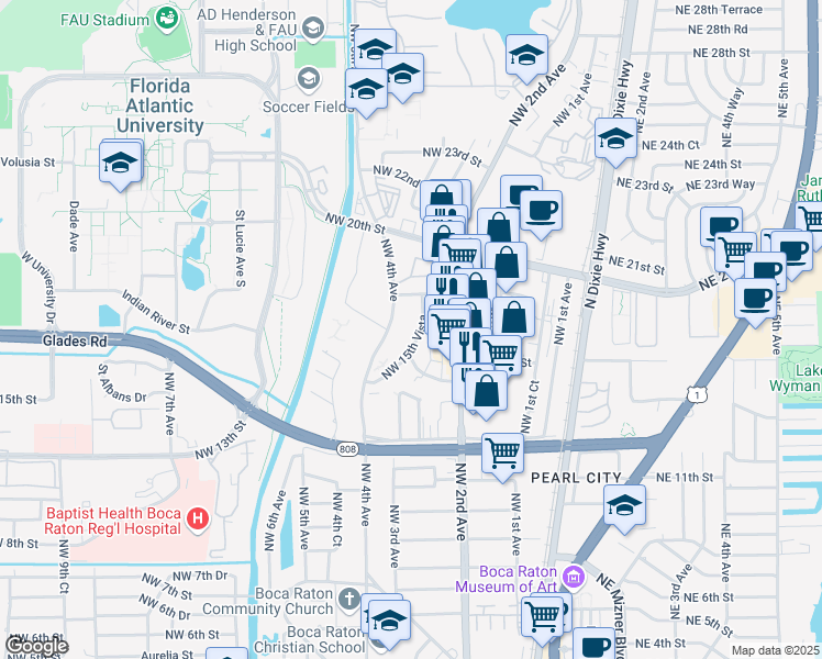 map of restaurants, bars, coffee shops, grocery stores, and more near 1800 Northwest 4th Avenue in Boca Raton