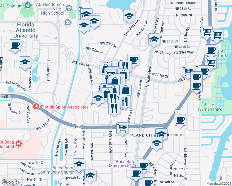 map of restaurants, bars, coffee shops, grocery stores, and more near 1710 Costa Del Sol in Boca Raton