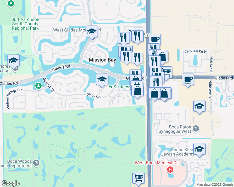 map of restaurants, bars, coffee shops, grocery stores, and more near 10266 Courtside Lane in Boca Raton