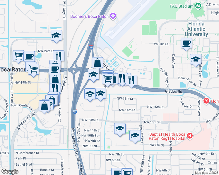 map of restaurants, bars, coffee shops, grocery stores, and more near 1400 Glades Road in Boca Raton