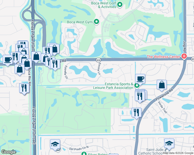 map of restaurants, bars, coffee shops, grocery stores, and more near 7690 Estrella Circle in Boca Raton