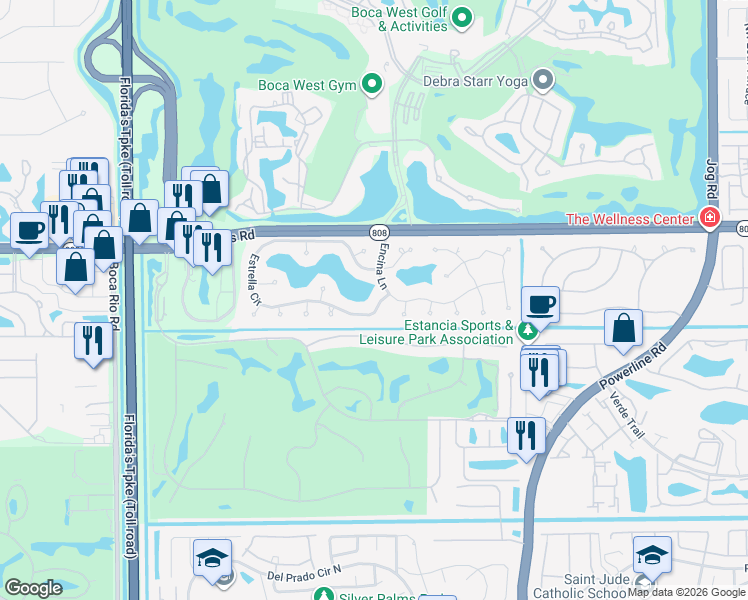 map of restaurants, bars, coffee shops, grocery stores, and more near 7691 Estrella Circle in Boca Raton