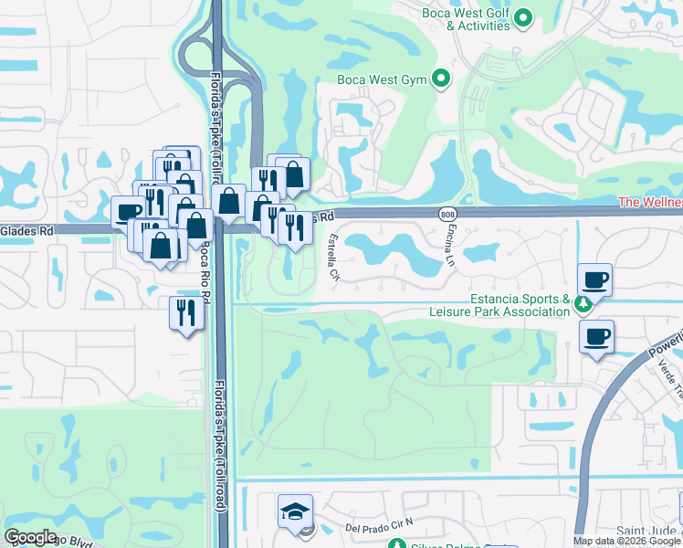 map of restaurants, bars, coffee shops, grocery stores, and more near 20955 Blanca Terrace in Boca Raton