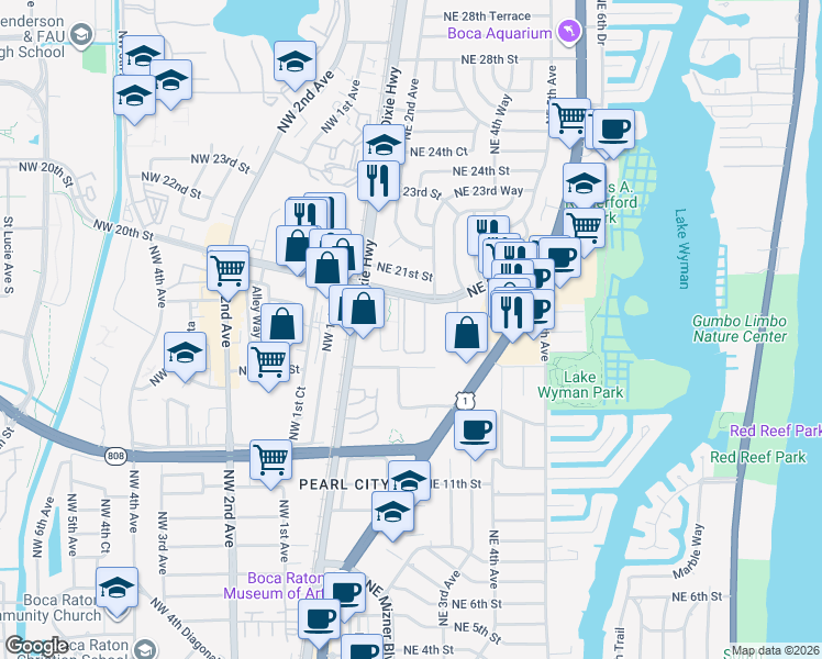map of restaurants, bars, coffee shops, grocery stores, and more near 250 Northeast 20th Street in Boca Raton