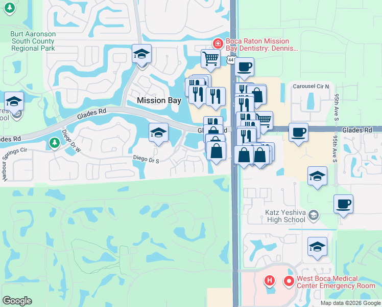 map of restaurants, bars, coffee shops, grocery stores, and more near 20931 Vía Oleander in Boca Raton