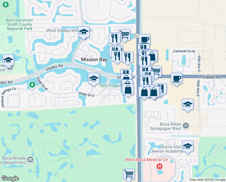 map of restaurants, bars, coffee shops, grocery stores, and more near 20931 Vía Oleander in Boca Raton