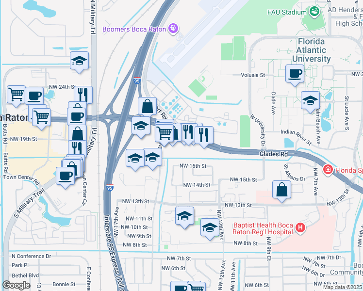 map of restaurants, bars, coffee shops, grocery stores, and more near 1400 Glades Road in Boca Raton
