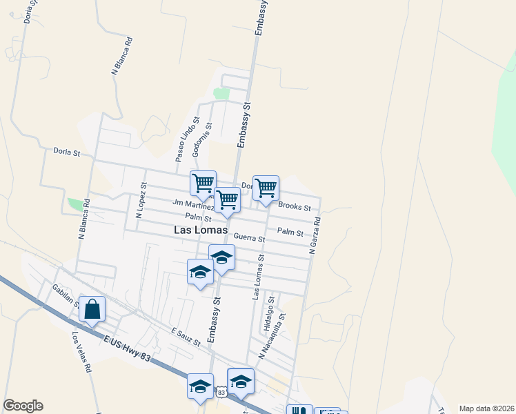 map of restaurants, bars, coffee shops, grocery stores, and more near 5269 Palm Street in Rio Grande City