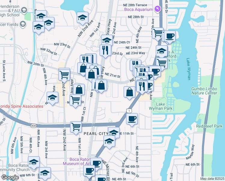 map of restaurants, bars, coffee shops, grocery stores, and more near 227 Tierra Del Sol in Boca Raton