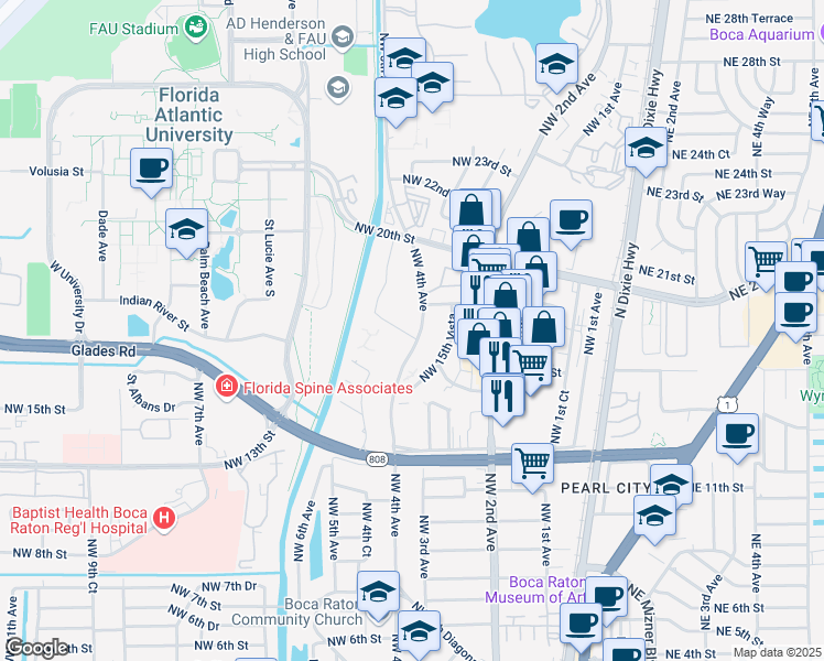 map of restaurants, bars, coffee shops, grocery stores, and more near 1800 Northwest 4th Avenue in Boca Raton
