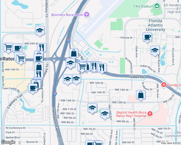 map of restaurants, bars, coffee shops, grocery stores, and more near 1400 Glades Road in Boca Raton