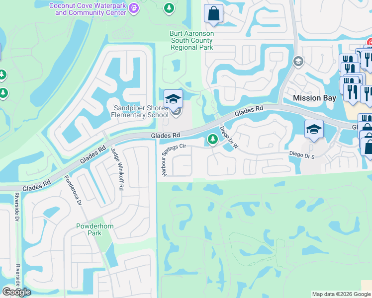 map of restaurants, bars, coffee shops, grocery stores, and more near 11048 Baybreeze Way in Boca Raton