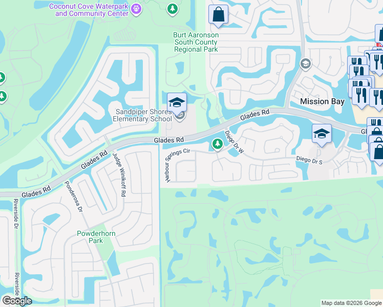 map of restaurants, bars, coffee shops, grocery stores, and more near 11026 Baybreeze Way in Boca Raton